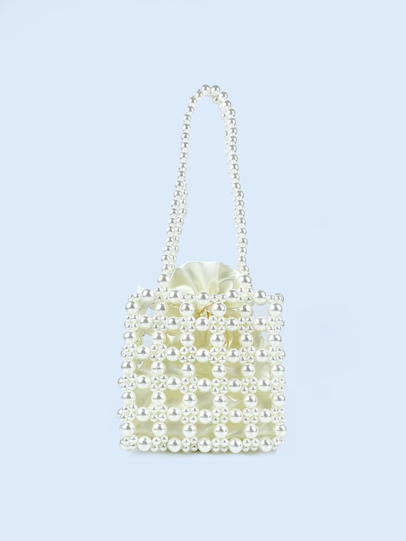 Elegant Hand Woven Artificial Pearl Beaded Handbag For Women French Style Mini Square Bag With Satin Drawstring Inner Pouch