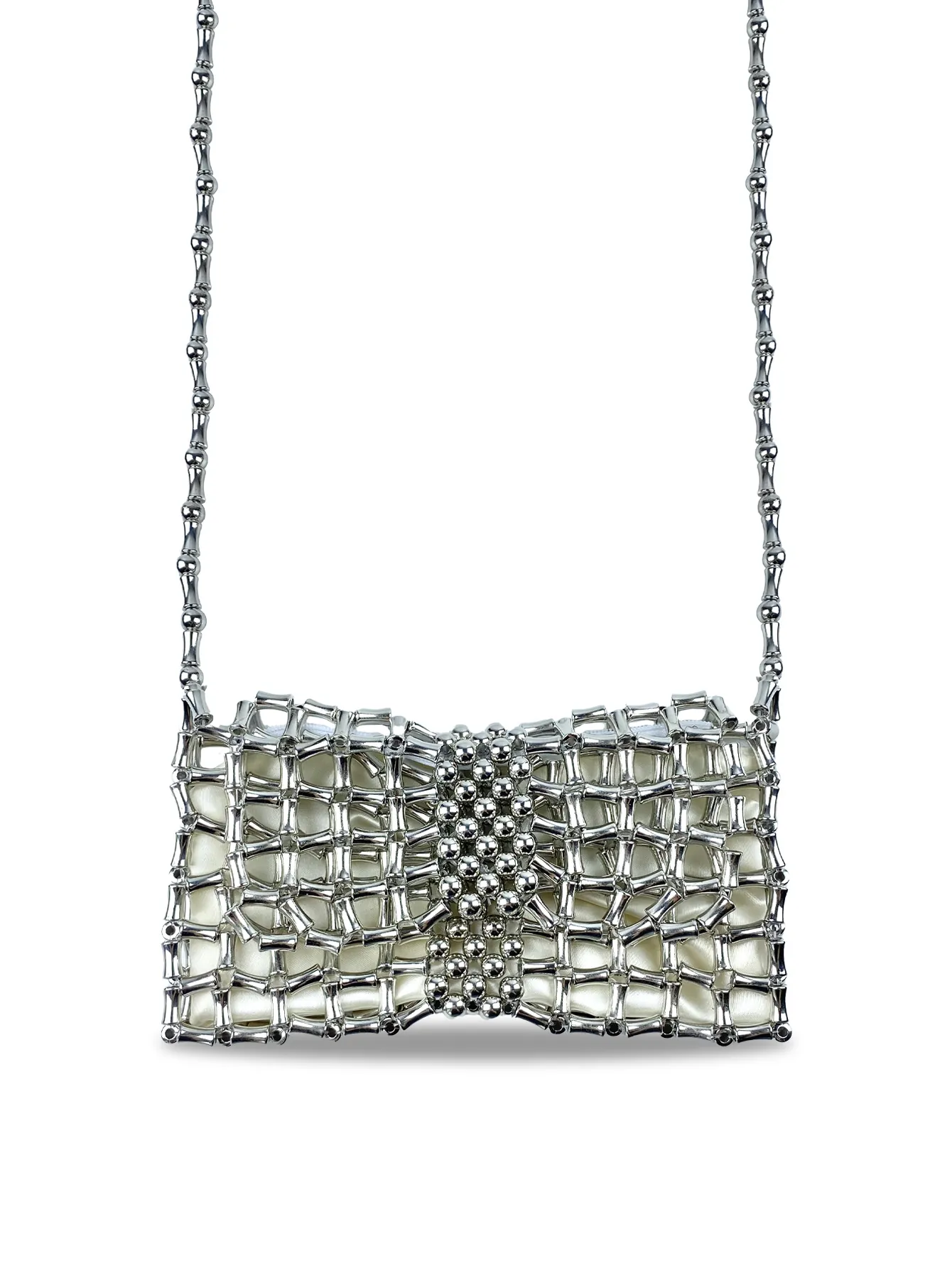 Women Korean Style Metallic Woven Mini Crossbody Bag Luxury Bow Metal Mesh Handbag With Satin Lining For Party Wedding