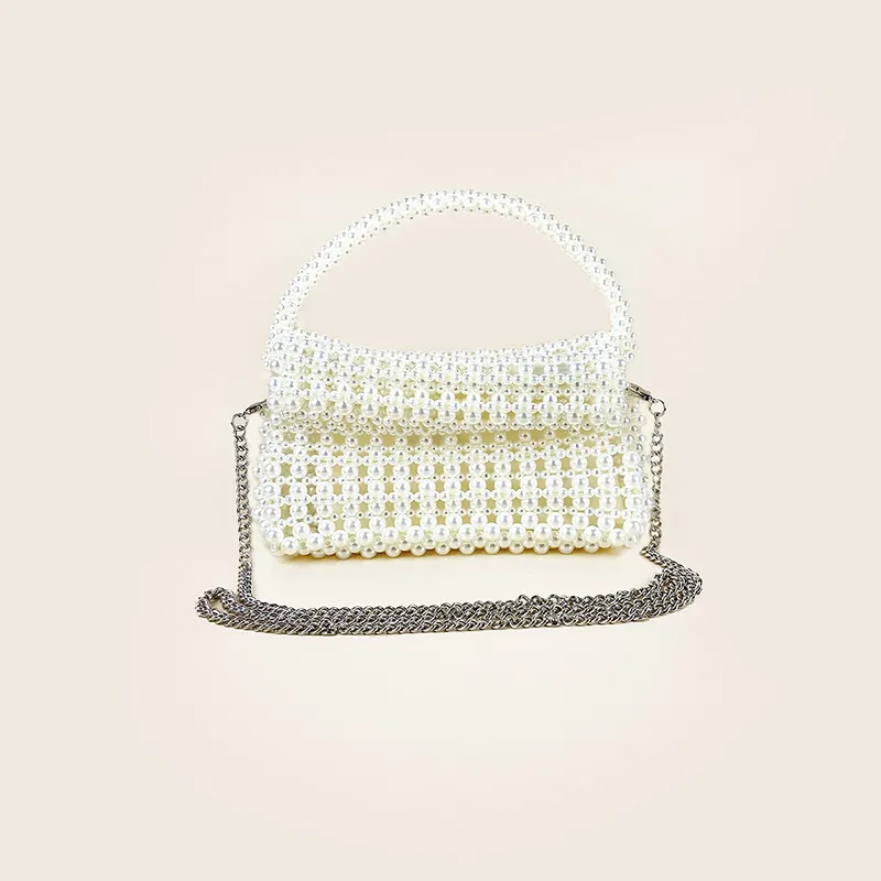 Sac à Main Femme Rétro Français en Künstliche Perles Artificielles Design de Niche Sac Bandoulière Tissé Main Avec Chaîne Mariage