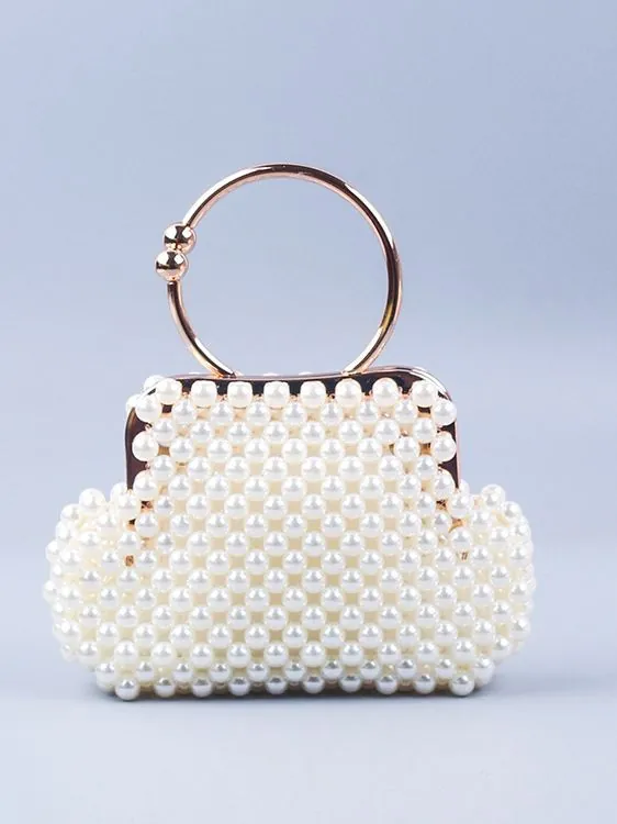 Hand Woven Beaded Evening Bag Round Metal Handle Shell Shape Faux Artificial Pearl Metal Handbag For Wedding Party Vintage Elegant