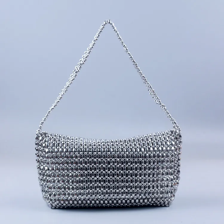Sac Bandoulière Perles Métalliques Argentées Tissé Main Sac À Main Femmes Niche Tendance Soirée Mode Rétro