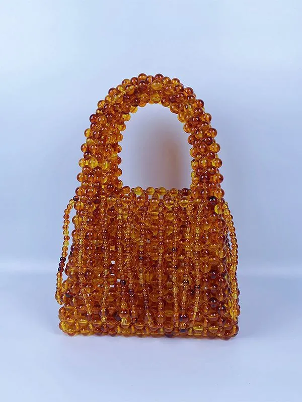 Handmade Beaded Handbag Amber Black Acrylic Hand Woven Fringe Tassel Retro Hollow Out Tote Bag For Women Vintage Party Vacation