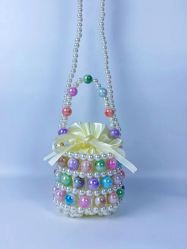 Handmade Beaded Bucket Bag Acrylic Artificial Pearl Hollow Out Woven Handbag With Satin Drawstring Inner Pouch Elegant Party For Women