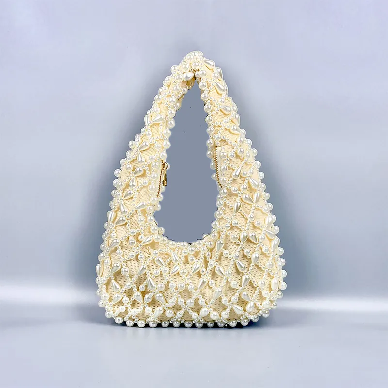 Elegant Beaded Handbag For Women With Faux Artificial Pearl Woven Underarm Bag Acrylic Material Zip Closure Retro Chic