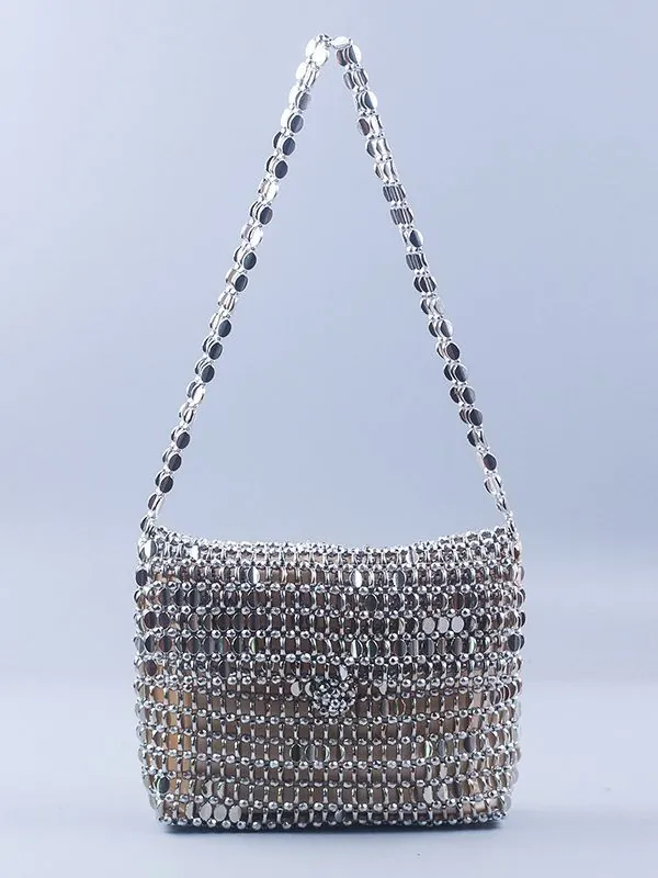 Silver Metal Sequin Disc Chainmail Shoulder Bag Vintage Handmade Woven Evening Handbag For Women