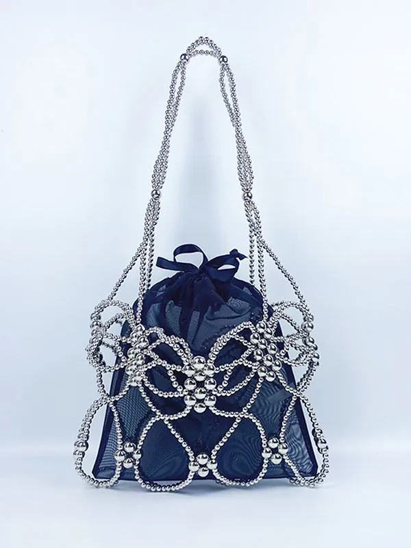 Butterfly Shaped Woven Beaded Handbag Hollow Out Shoulder Bag With Mesh Drawstring Inner Pouch Elegant Fashion Women