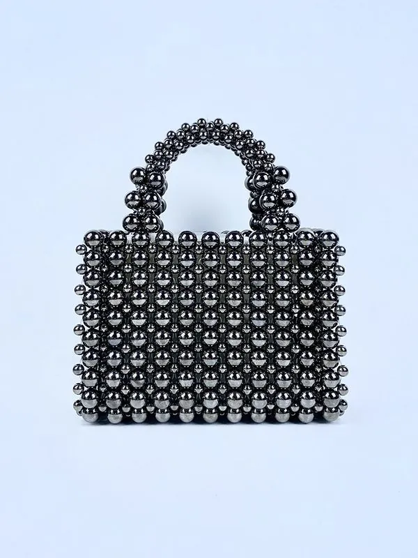 Handmade Woven Beaded Handbag For Women Graphite Metallic Luster Small Square Acrylic Bead Tote Daily Fashion Party Purse