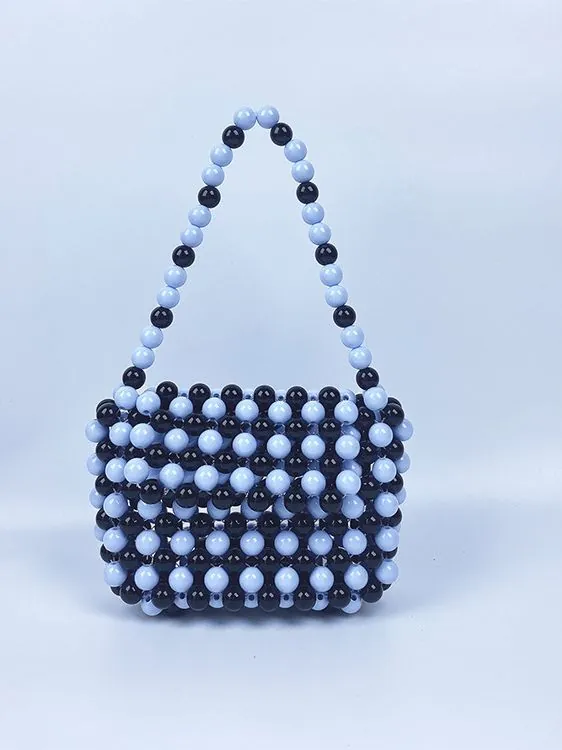 Mini Sac À Main Perlé Fait Main Acrylique Tissé Rétro Damier Couleur Contrastée Petit Fourre-Tout Portable Pour Femmes