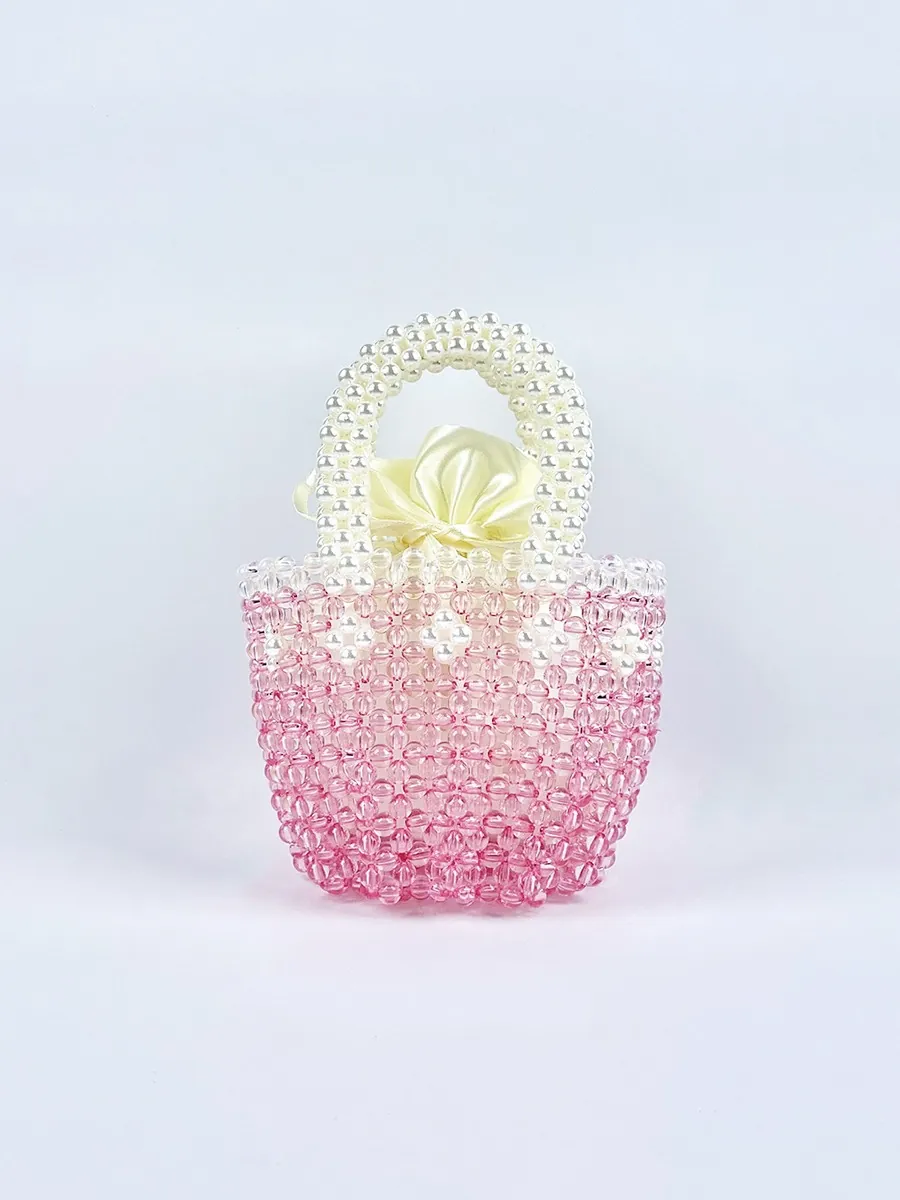 Hand-Woven Beaded Handbag Acrylic Faux Artificial Pearl Gradient Pink Mini Tote Bag With Satin Drawstring Pouch For Women Elegant