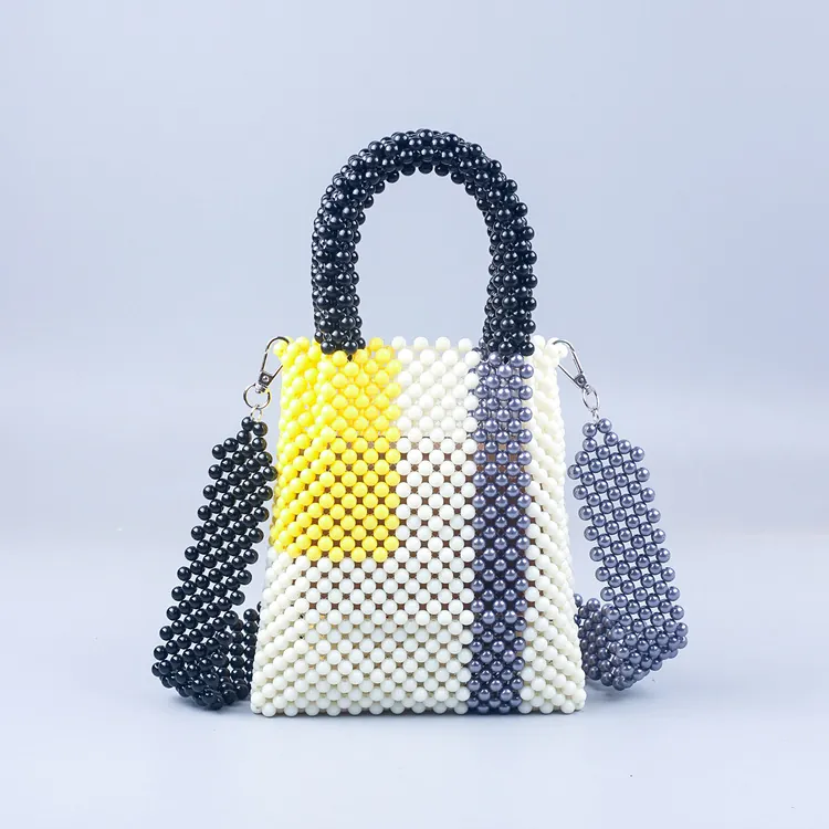Hand-Woven Acrylic Beaded Crossbody Bag Geometric Color Blocking Tote Bag With Detachable Strap Fashion For Women