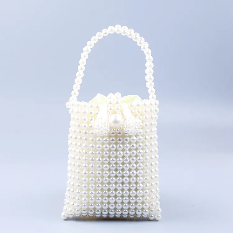 Vintage French Faux Artificial Pearl Beaded Handbag Mini Woven Phone Bag With Satin Drawstring Lining Retro Elegant Women Clutch