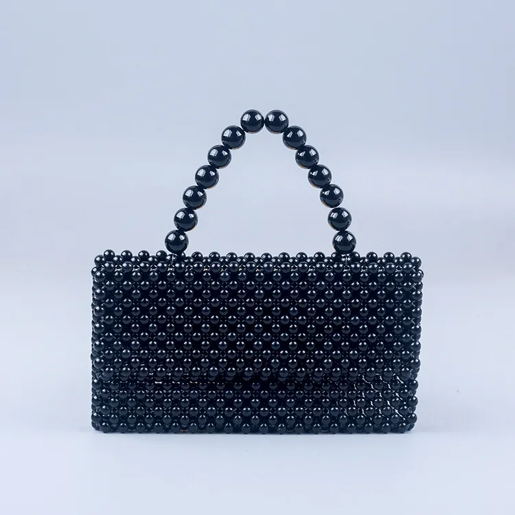 Handmade Beaded Handbag Acrylic Marble Pattern Retro Woven Flap Mini Clutch Purse With Faux Artificial Pearl Handle For Women