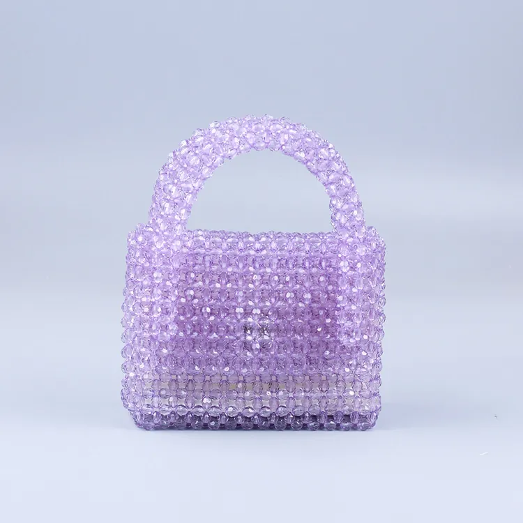 Women Handmade Acrylic Beaded Handbag Clear Woven Jelly Candy Color Top Handle Tote Bag With Inner Pouch Magnetic Buckle Flip Cover