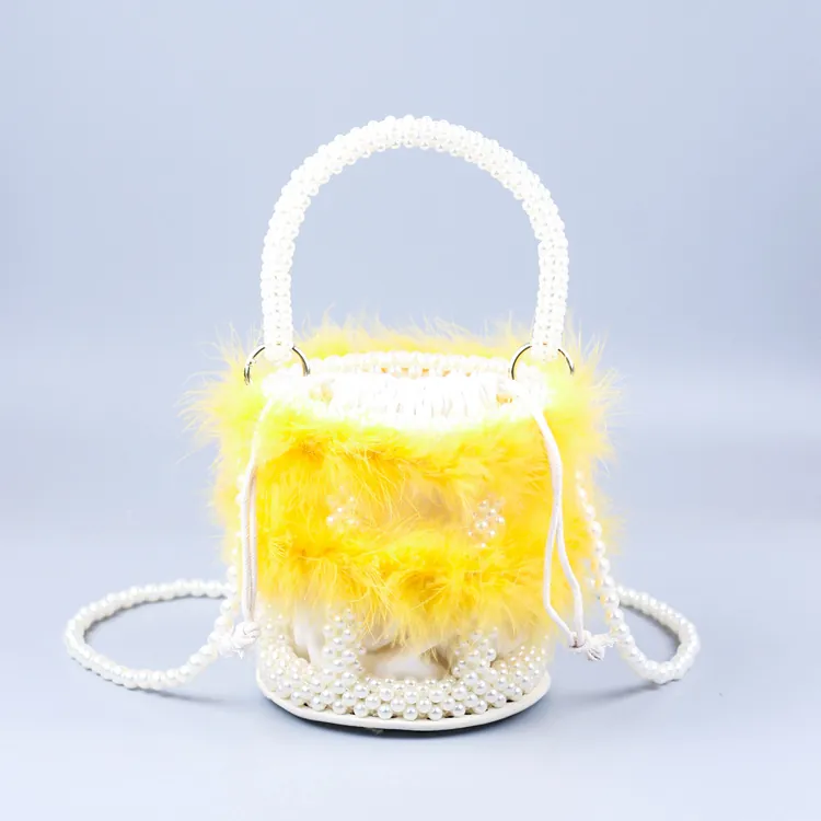 Handmade Faux Artificial Pearl Yellow Feather Bucket Bag For Women Trendy Crossbody Handbag Elegant Drawstring Party Purse Accessory
