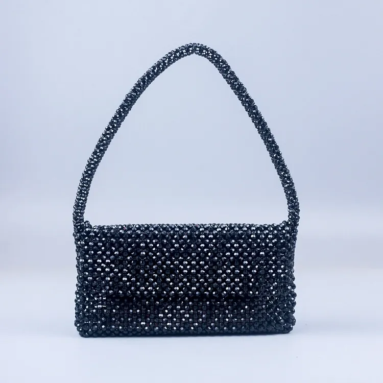 Women Black Beaded Shoulder Bag Handmade Acrylic Faceted Bead Woven Square Flap Retro Evening Underarm Bag