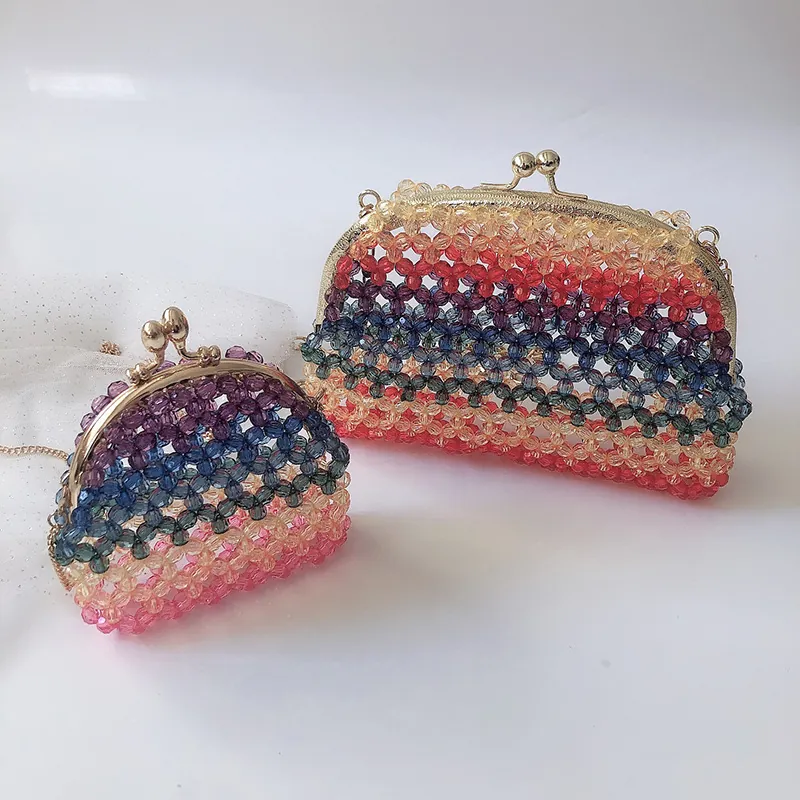 Handmade Beaded Crossbody Bag Acrylic Rainbow Colorful Transparent With Metal Chain Kiss Lock Party Evening Clutch For Women