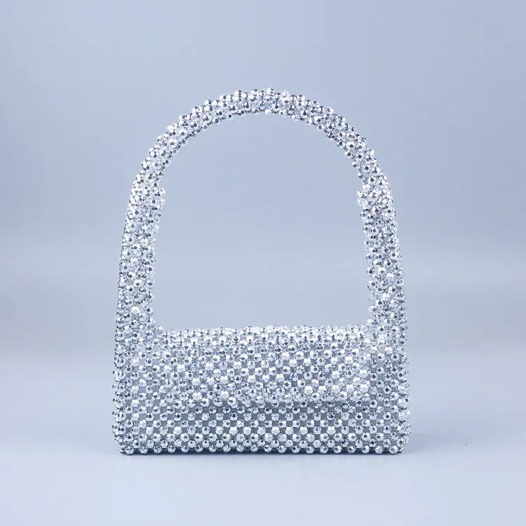Silver Acrylic Beaded Handbag Hand-Woven Flap Shoulder Bag Evening Party Fashion Streetwear For Women