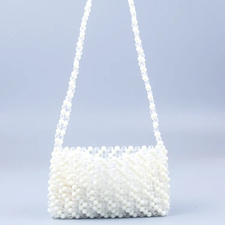 Handmade Beaded Shoulder Bag Acrylic Woven Wave Pattern Patchwork Trendy Double Chain Strap Women Elegant