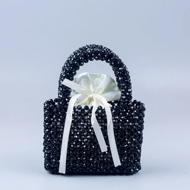 Handgefertigte Acrylperlen Handtasche Für Damen Elegante Gewebte Quadratische Tasche Mit Satin Kordelzug Innentasche Bankett Party Tasche