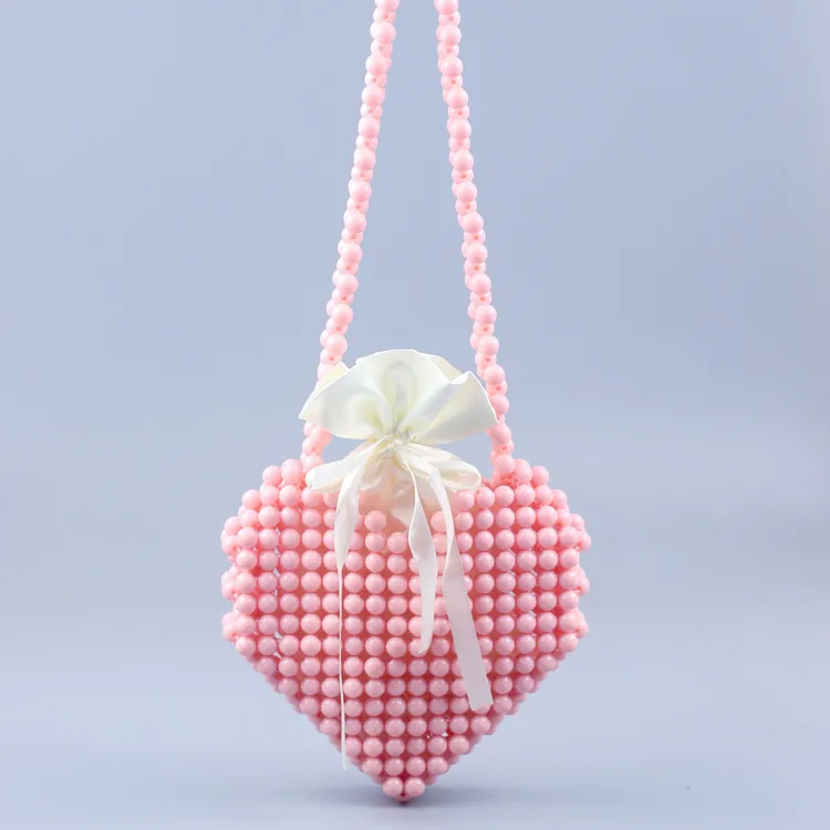 Handmade Heart Shaped Beaded Crossbody Bag For Women Acrylic Woven Sweet Shoulder Purse With Satin Drawstring Liner Bow