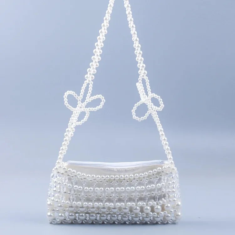 Handmade Faux Artificial Pearl Underarm Bag Transparent Acrylic Beaded Woven Handbag Bow Decoration Elegant Party Aesthetic