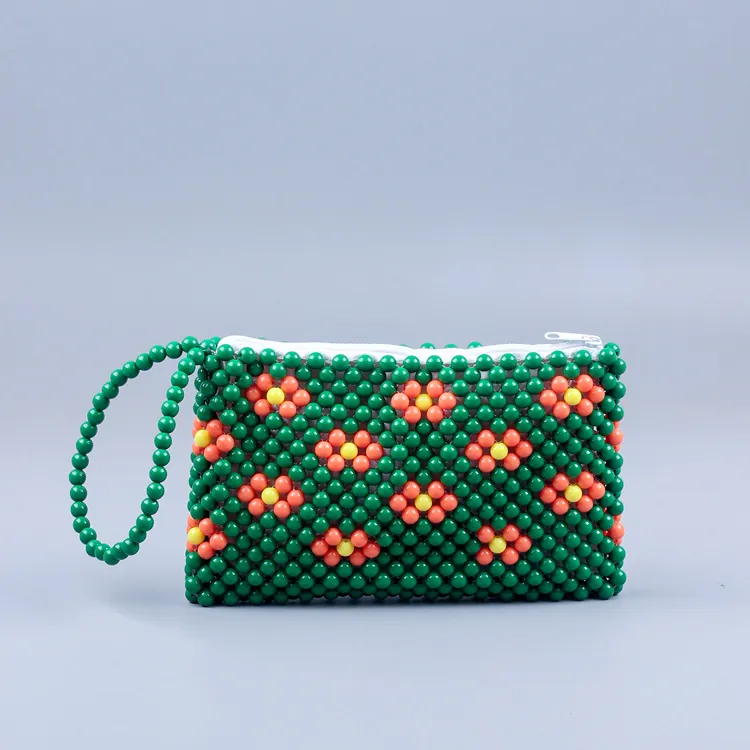 Handmade Acrylic Beaded Clutch Bag Floral Pattern Woven Phone Purse With Wrist Strap Retro Street Style For Women