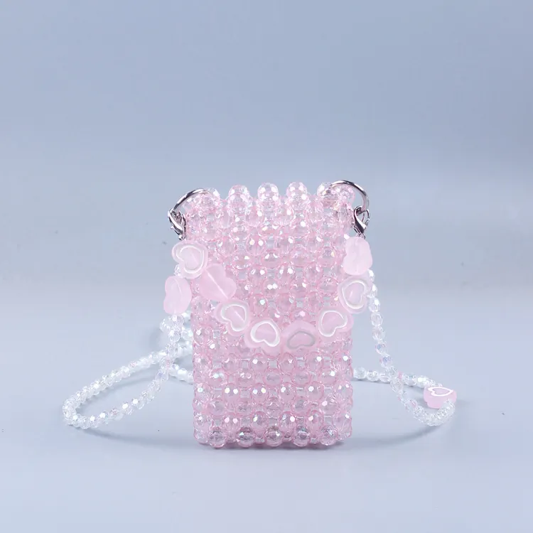 Handmade Beaded Phone Crossbody Bag Acrylic Woven Heart Decor Cute Mini Purse For Women Girls
