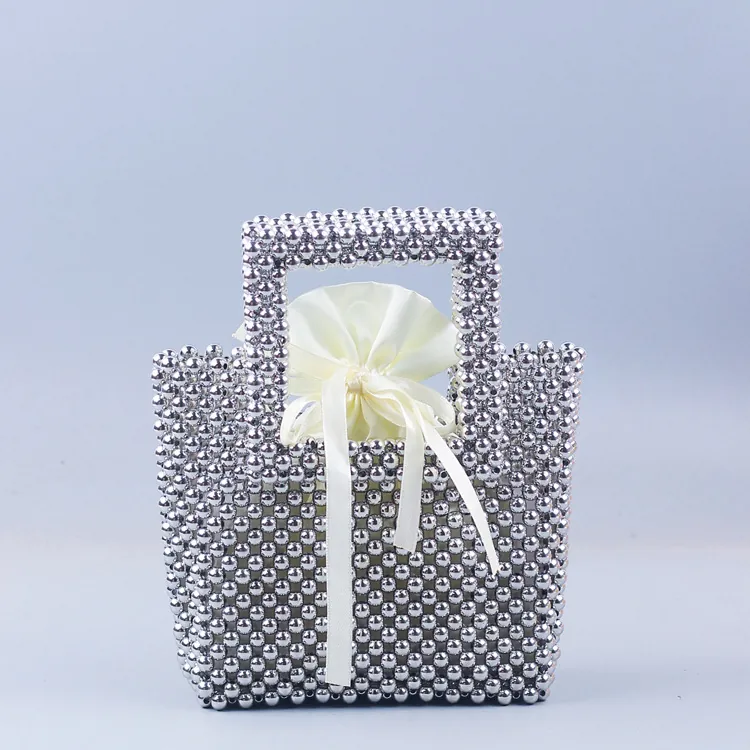 Shiny Silver Beaded Handbag Handmade Woven Square Tote With Drawstring Inner Pouch For Women Evening Party Accessories