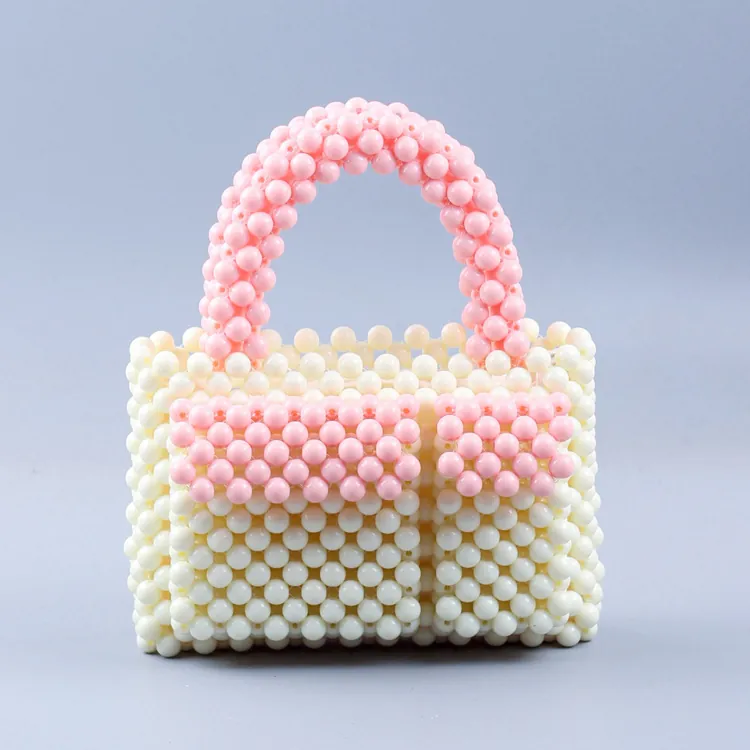 Handgefertigte Künstliche Perlenhandtasche Aus Acryl Gewebte Mini Tote Kontrastfarben Quadratisch Süßer Lässiger Stil Damen