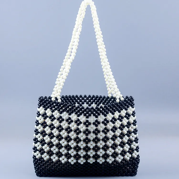 Handmade Beaded Shoulder Bag Black White Contrast Geometric Clover Pattern Acrylic Woven Vintage Casual Tote Bag