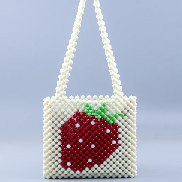 Handmade Beaded Shoulder Bag Strawberry Pattern Acrylic Beads Underarm Tote Fresh Sweet Style For Women