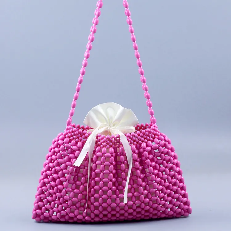 Women Handwoven Beaded Shoulder Bag Acrylic Beads Hollow Out With Satin Drawstring Pouch Underarm Tote Sweet Pink