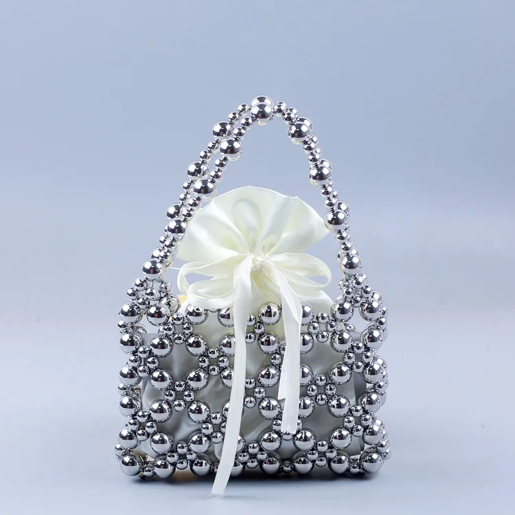 Handmade Silver Beaded Handbag With Satin Drawstring Pouch Hollow Woven Metallic Bead Mini Evening Tote For Women