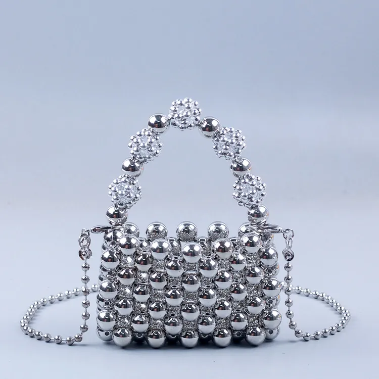 Handmade Beaded Mini Crossbody Bag Silver Acrylic Woven Handbag With Artificial Pearl Handle Small Fashion Lipstick Pouch For Women