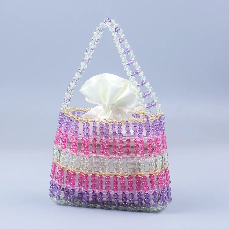 Handmade Acrylic Beaded Handbag Rainbow Striped Women Tote Purse With Satin Drawstring Liner Retro Sweet Style