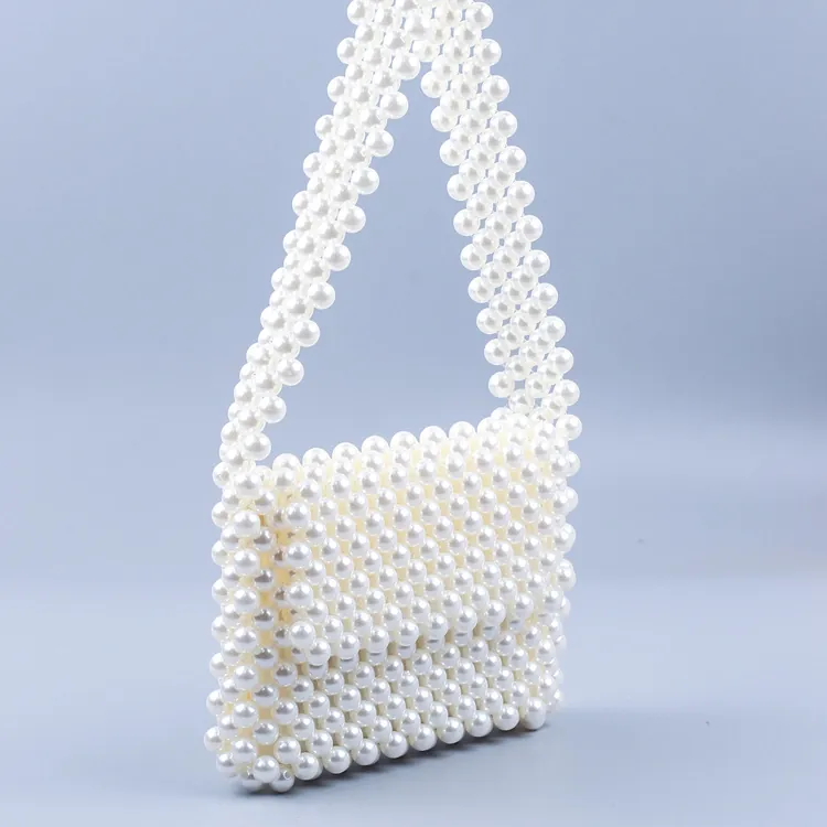 Sac À Épaule Élégant En Künstliche Perles Acrylique Blanc Tissé À La Main Sac À Main Carré Évidé Pour Femme Fête Voyage
