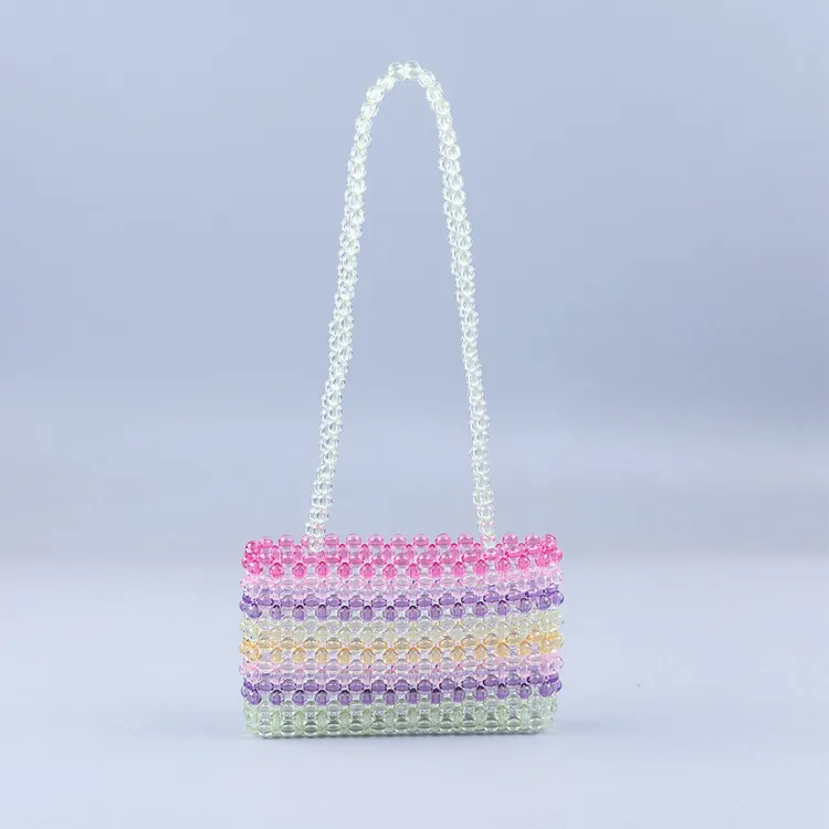Sac À Épaule En Perles Acryliques Fait Main Rayé Arc-En-Ciel Tissé Pochette Sous Les Bras Mode Été Femmes