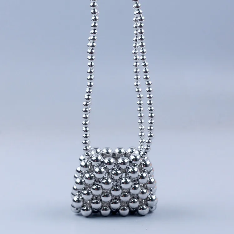 Mini Borsa A Tracolla Intrecciata Perline Argento Acrilico Metallico Cavo Intrecciato A Mano Moda Piccola Per Donne
