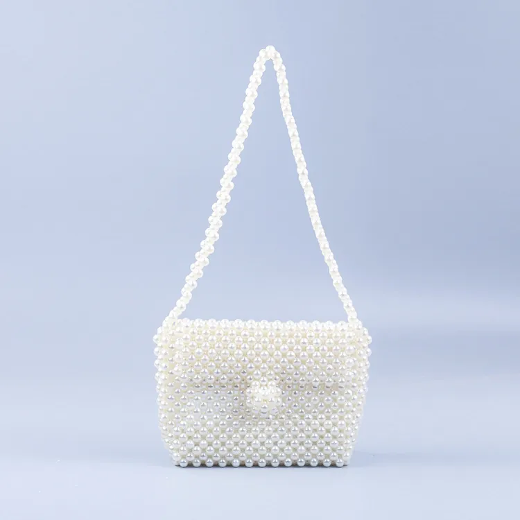 Handwoven Faux Artificial Pearl Beaded Shoulder Bag Elegant Minimalist Flap Underarm Handbag For Women Retro Chic Party Accessories