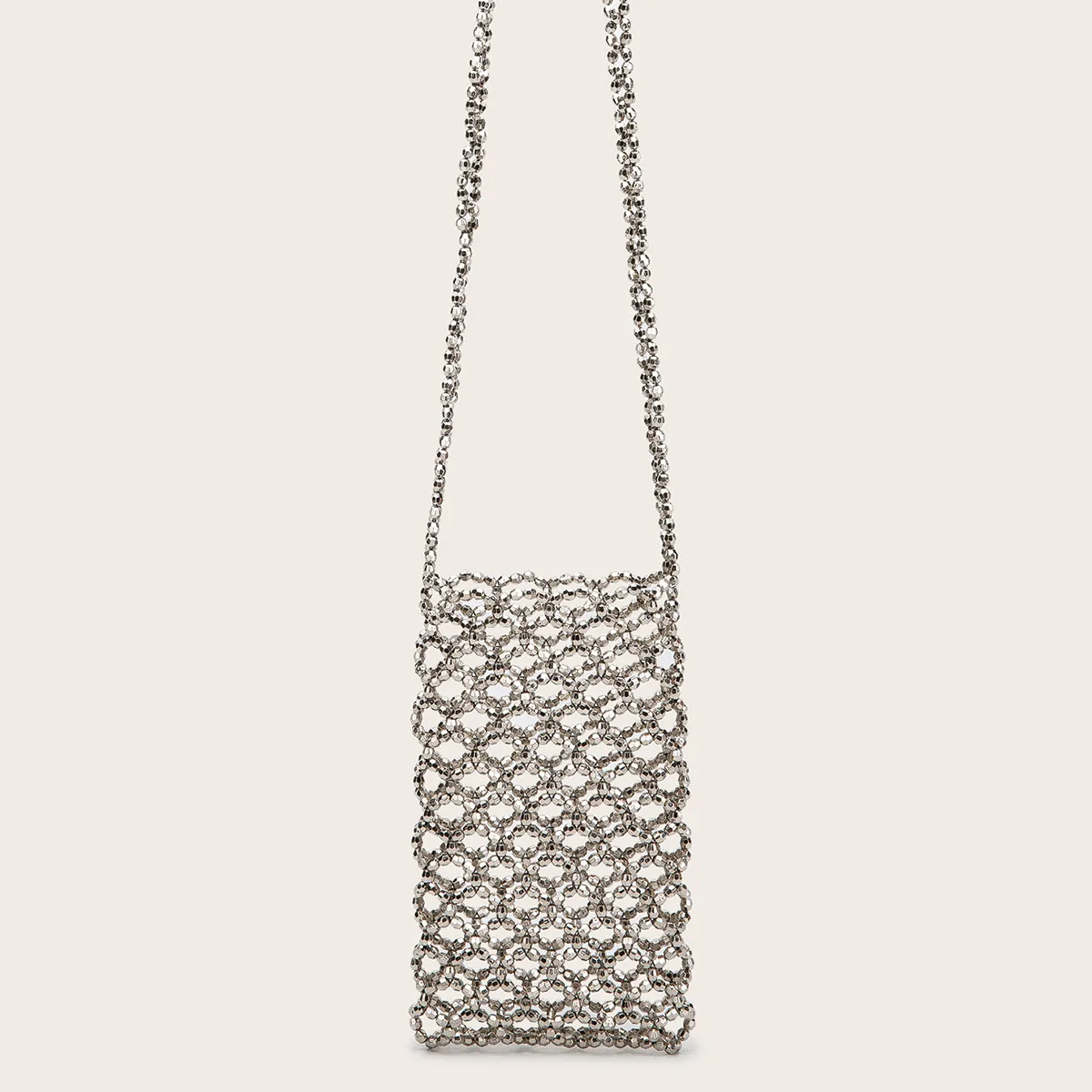 Sac Bandoulière Perlé Argenté Femmes Mode Acrylique Ajouré Tissé Main Mini Sac À Main Pour Téléphone Portable Style Streetwear Tendance