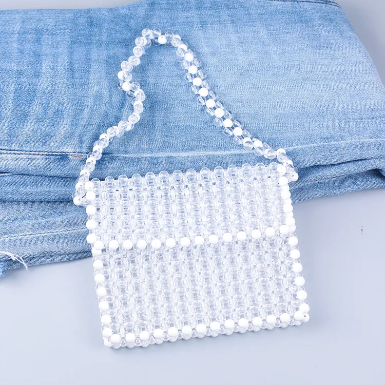 Handmade Acrylic Beaded Shoulder Bag For Women Transparent White Woven Flip Square Crossbody Handbag For Daily Casual
