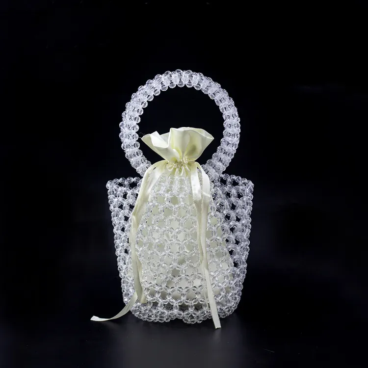 Handmade Beaded Bucket Handbag Faux Artificial Pearl Acrylic Beads Hollow Woven With Satin Drawstring Inner For Women Wedding Party