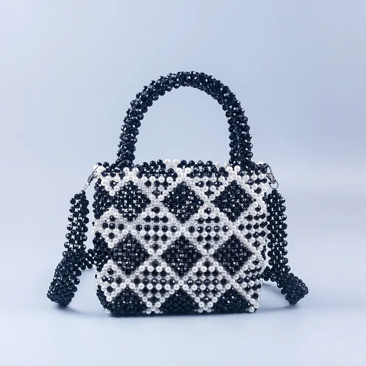 Borsa a Tracolla in Perline Fatta a Mano Vintage Elegante Borsa a Mano Intrecciata a Rombi Nera e Bianca per Donna Festa Banchetto