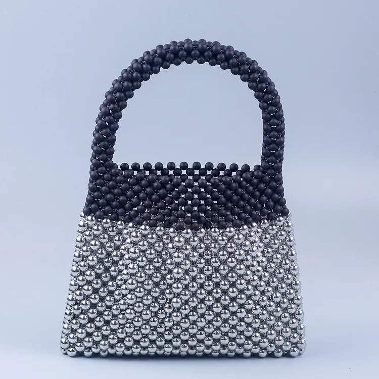Sac À Main Perles Acrylique Tissé Trapèze Couleur Contrastée Noir Argent Streetwear Rétro Mode Femmes