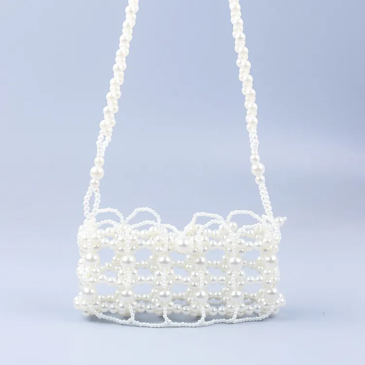 Handmade Faux Artificial Pearl Woven Crossbody Bag Hollow Out Grid Design French Vintage Style Acrylic Artificial Pearl Small Square Bag Women