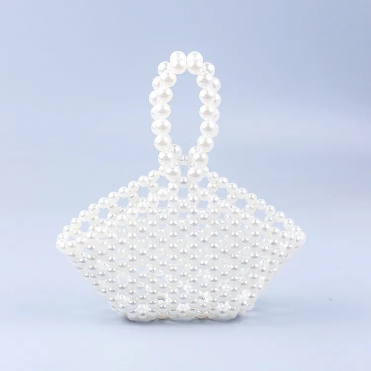 Handmade Pearl Beaded Handbag For Women Vintage Hollow Woven Basket Bag Elegant Small Party Wedding Tote Bag White