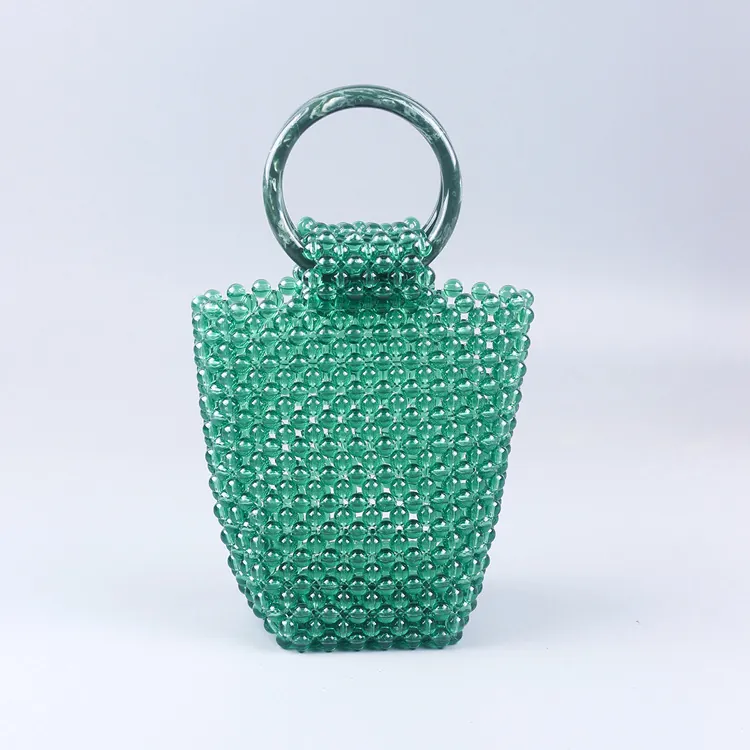 Borsa a Mano Vintage con Perline per Donna Secchiello Intrecciato in Acrilico Verde Fatto a Mano con Manico Rotondo Effetto Marmo