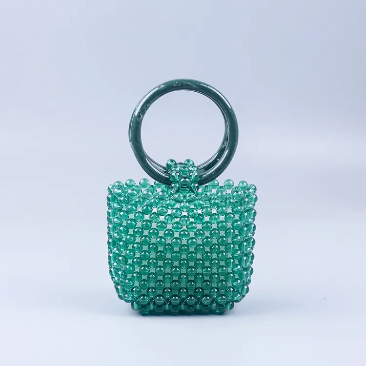 Green Acrylic Beaded Mini Handbag Handmade Woven Round Handle Retro Summer Bag Women