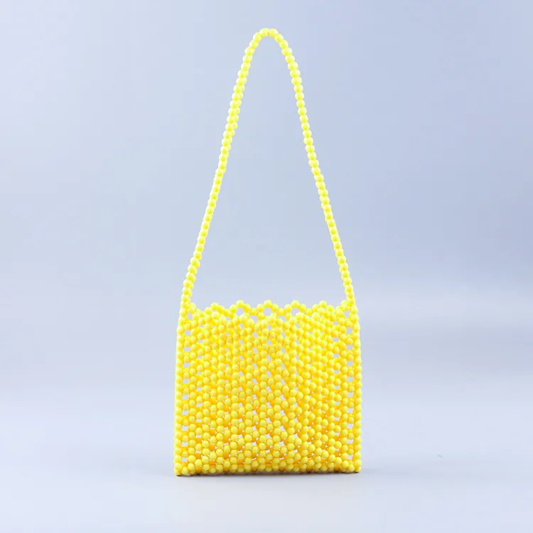 Yellow Acrylic Beaded Shoulder Bag Handmade Woven Hollow Out Square Trendy Streetwear Handbag For Women