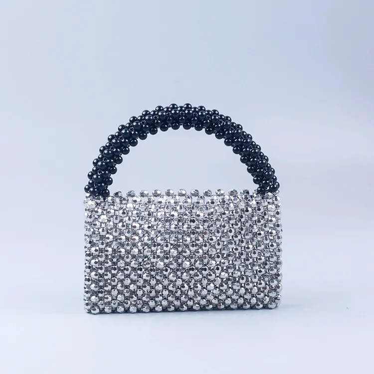 Handmade Beaded Handbag Women Acrylic Woven Mini Square Bag Contrast Silver And Black Street Style Party Accessory